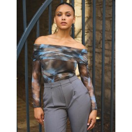 Ruched Off-The-Shoulder Printed Mesh Top