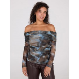 Ruched Off-The-Shoulder Printed Mesh Top