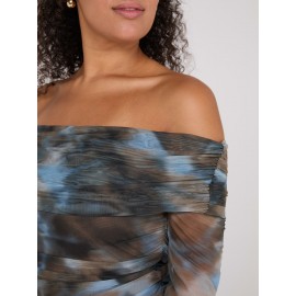 Ruched Off-The-Shoulder Printed Mesh Top