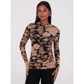 Abstract Print Mock Neck Mesh Top