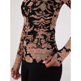 Abstract Print Mock Neck Mesh Top