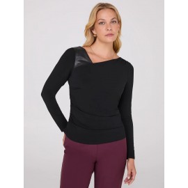 Asymmetrical Neckline Top With Faux Leather Detail