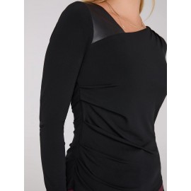 Asymmetrical Neckline Top With Faux Leather Detail