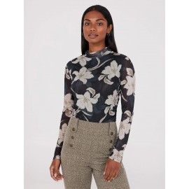 Floral Print Mock Neck Mesh Top