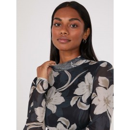 Floral Print Mock Neck Mesh Top