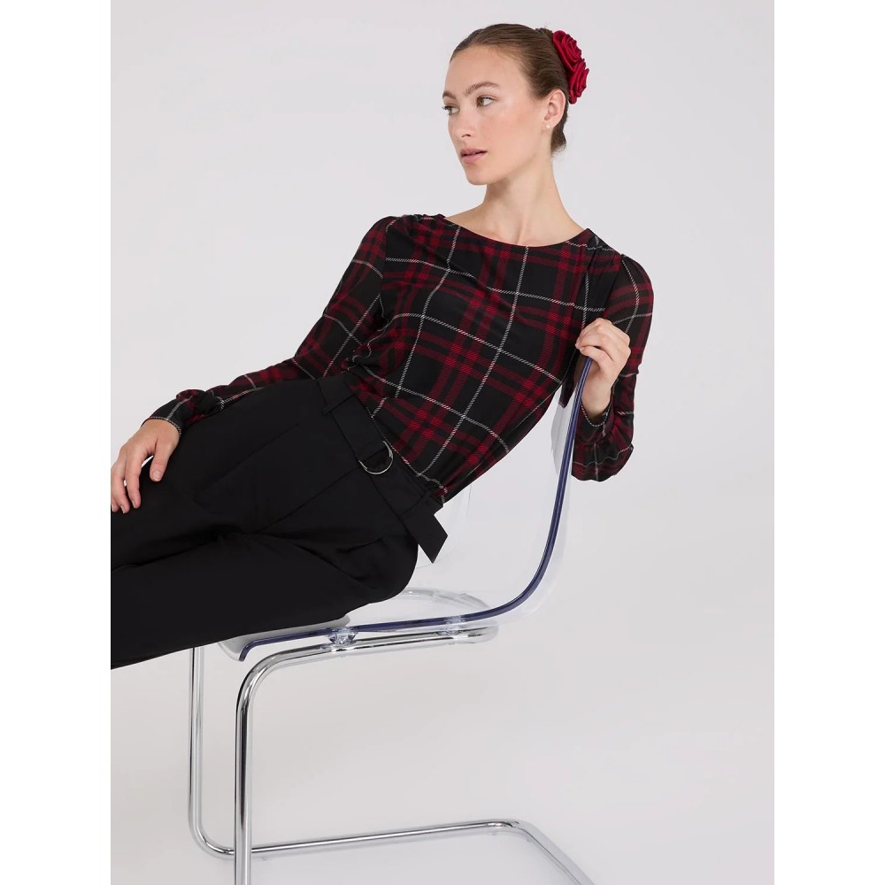 Plaid Long Chiffon Sleeve Boat Neck Top