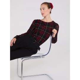 Plaid Long Chiffon Sleeve Boat Neck Top