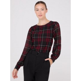 Plaid Long Chiffon Sleeve Boat Neck Top