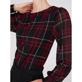 Plaid Long Chiffon Sleeve Boat Neck Top
