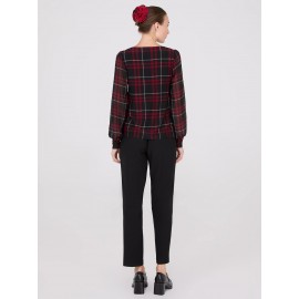 Plaid Long Chiffon Sleeve Boat Neck Top