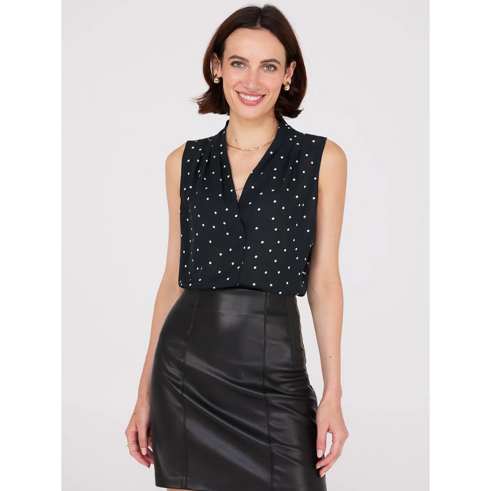 Sleeveless Dot Print V-Neck Blouse