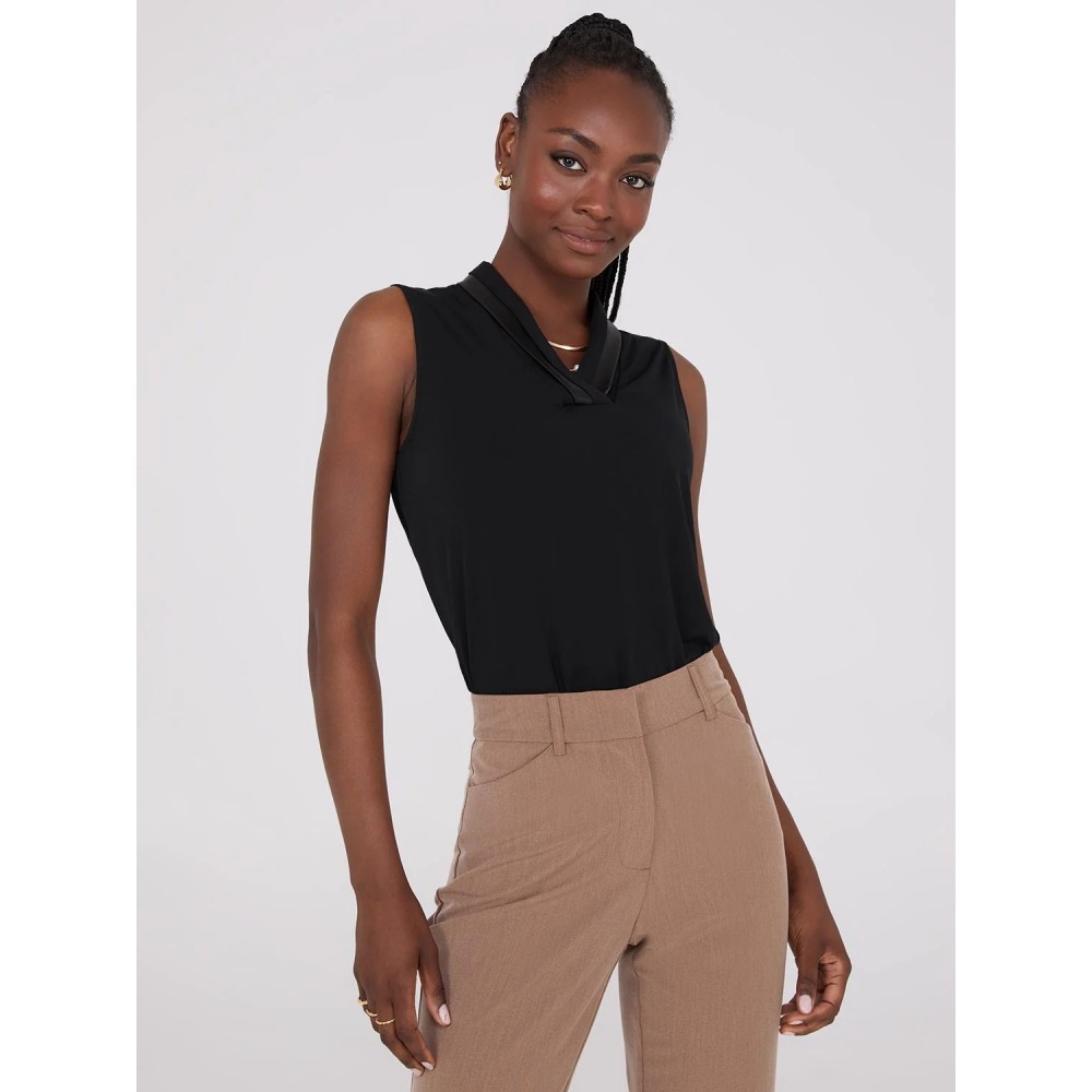 Sleeveless Pleated Faux Leather V-Neck Top