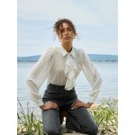 Dot Print Ruffle Button-Front Blouse