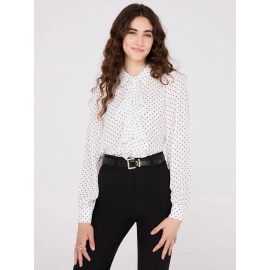Dot Print Ruffle Button-Front Blouse