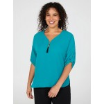 Print Zip Front V-Neck Top