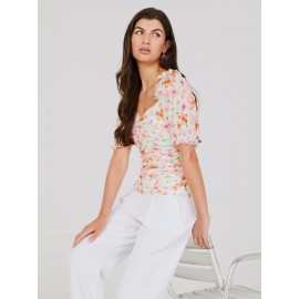 Printed Sweetheart Neckline Top With Puff Sleeves