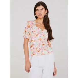 Printed Sweetheart Neckline Top With Puff Sleeves