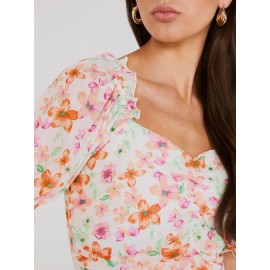 Printed Sweetheart Neckline Top With Puff Sleeves