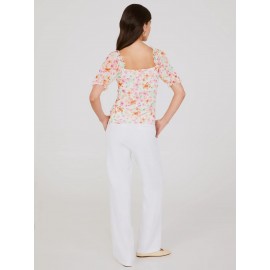 Printed Sweetheart Neckline Top With Puff Sleeves