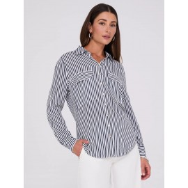 Striped Button-Up V-Neck Blouse
