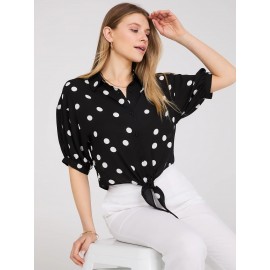 Polka Dot Button-Up Short Sleeve Blouse