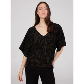 Foliage Print V-Neck Kimono Sleeve Top