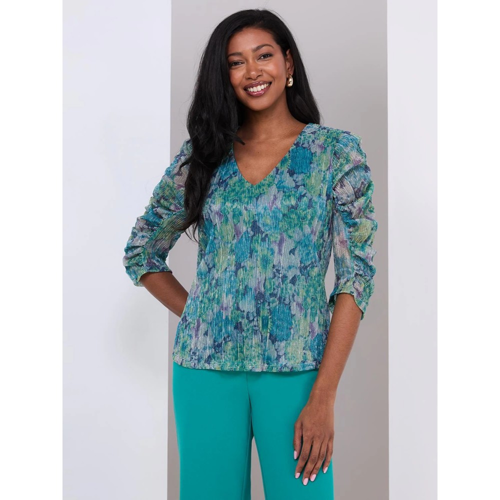 Floral Print Crinkle Mesh V-Neck Top