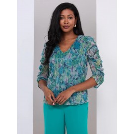 Floral Print Crinkle Mesh V-Neck Top