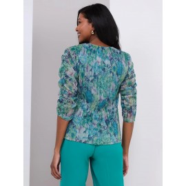 Floral Print Crinkle Mesh V-Neck Top