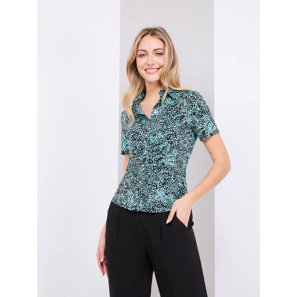 Leaf Print Button-Front Short Sleeve Blouse
