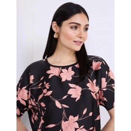 Floral Print Satin Front Dolman Sleeve T-Shirt