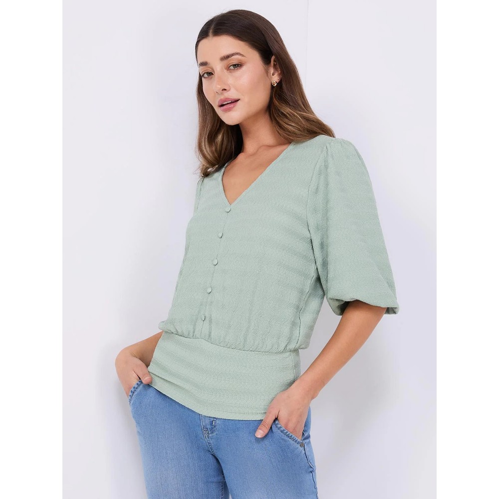 Balloon Sleeve V-Neck Top With Bottom Band