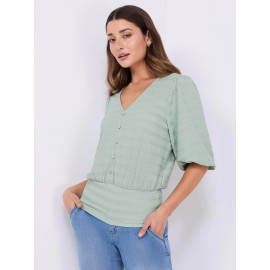 Balloon Sleeve V-Neck Top With Bottom Band