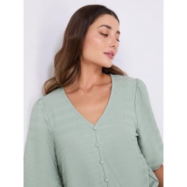 Balloon Sleeve V-Neck Top With Bottom Band