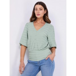 Balloon Sleeve V-Neck Top With Bottom Band