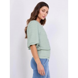 Balloon Sleeve V-Neck Top With Bottom Band
