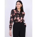 Floral Print Shadow Stripe Button-Front Blouse