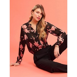 Floral Print Shadow Stripe Button-Front Blouse
