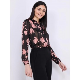Floral Print Shadow Stripe Button-Front Blouse