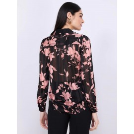 Floral Print Shadow Stripe Button-Front Blouse