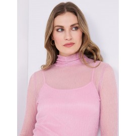 Crinkle Mesh Top With Metallic Mock Neck