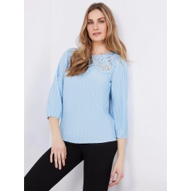 3/4 Sleeve Textured Top With Crochet Details