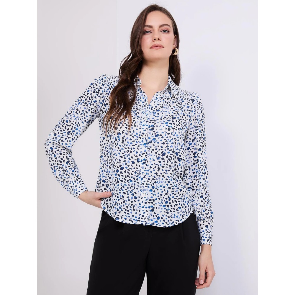 Abstract Print Button-Front Blouse With Smocked Details