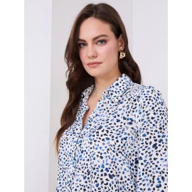 Abstract Print Button-Front Blouse With Smocked Details
