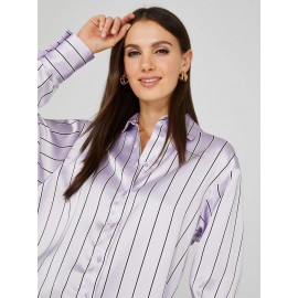 Waisted Striped Satin Button-Front Blouse