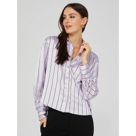 Waisted Striped Satin Button-Front Blouse