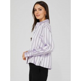 Waisted Striped Satin Button-Front Blouse