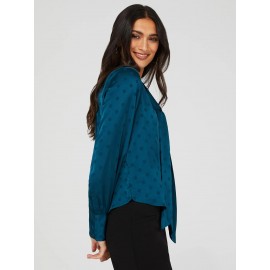 Polka Dot Button-Front Bow Blouse