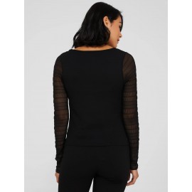 Textured Crepe Scoop Neck Top With Smocked Mesh Sleeves