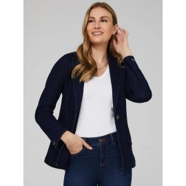 One-Button Denim Blazer With Flap Pockets